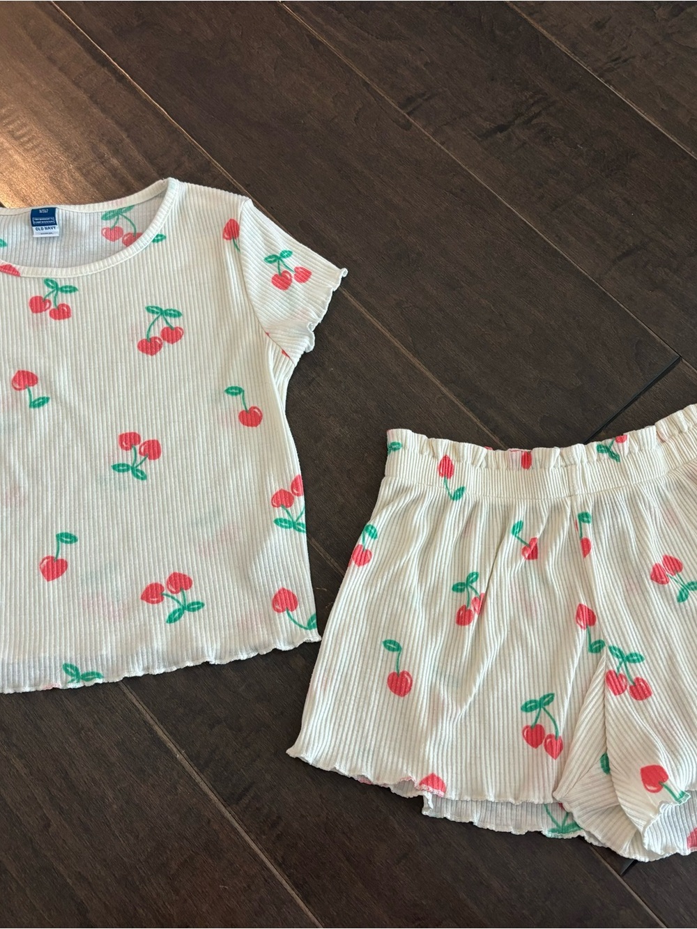 Old Navy White Ribbed Cherry Pajama Set with Pink and Green Print